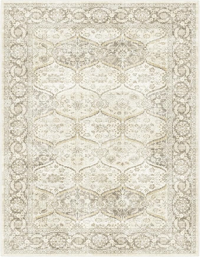 7x9 Machine Washable Non Slip Vintage Area Rugs for Living Room, Low Pile Lightweight Print Rug for Bedroom, Dining Room, Home Office, Beige Gray