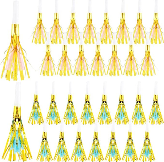 36 Pieces Glitter Metallic Fringed Noisemakers Musical Party Blowers Blowouts Whistle Party Blow Horns for New Years Birthday Party Supplies Sporting Event Celebrations (Pink, Blue)