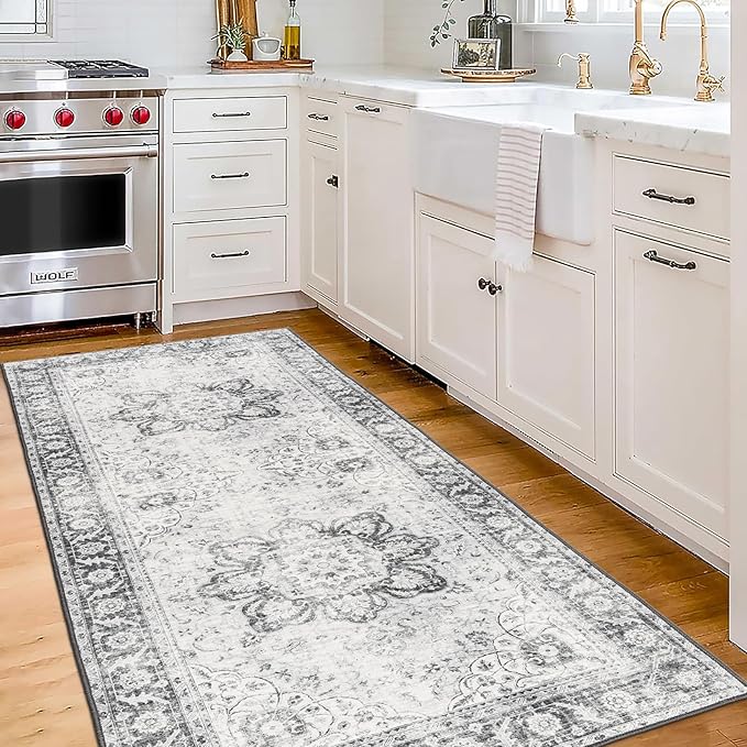 ReaLife Rugs Machine Washable Area Rug Runner - Living Room Bedroom Bathroom Kitchen Entryway Office - Padded Low Pile Stain Resistant Premium - Boho Farmhouse Vintage - Joy - Gray 2'6" x 6'