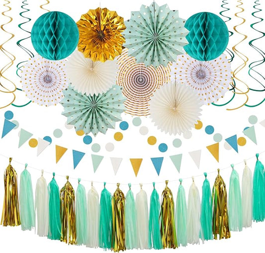 Teal-Gold Sage Green Party-Decoration - 33pcs Kits Tissue Pom Poms Honeycomb,Banner,Streamers Tassel Garland,Paper Lantern Fans,Wedding Engagement Bachelorette Birthday Baby Bridal Shower Decor Hugtmr