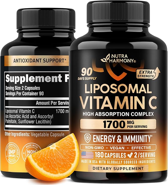 Liposomal Vitamin C 1700 mg - High Absorption Fat Soluble Complex - Antioxidant, Energy Boost & Immune Support - Vitamin C Supplement Made in USA - NON-GMO, SOY-Free & Gentle on Stomach - 180 Capsules