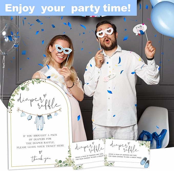 Greenery & Blue Baby Clothes Diaper Raffle Sign, Arched Display Board with Stand - 7x10 Inch Gender Neutral Shower Game Kit, 50 Tickets, Natural Decor (B08)