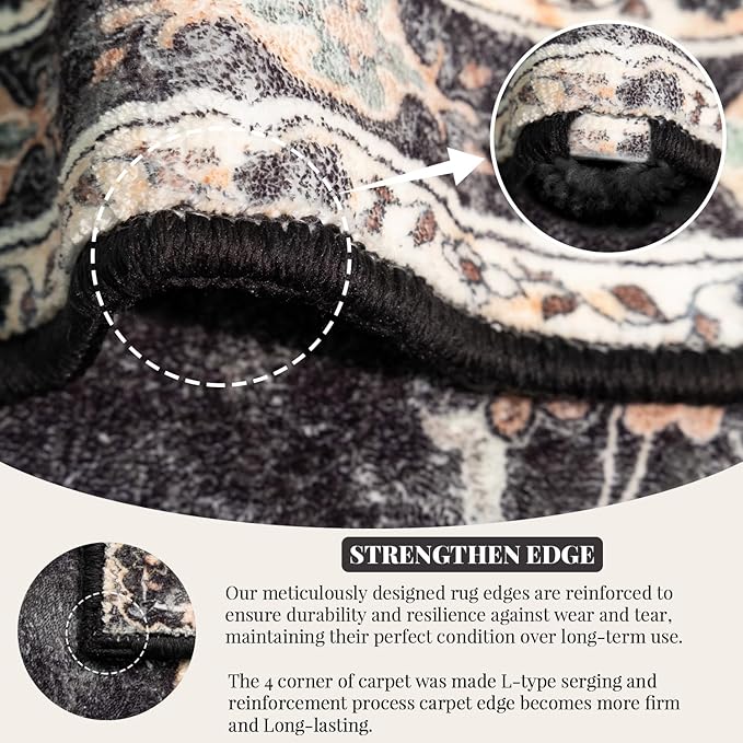 MUJOO Black Rug 2'x3',Small Washable Area Rugs for Entryway Kitchen Bathroom Bedroom,Boho Vintage Bohemian Distressed Farmhouse Non Slip Carpet, Floral