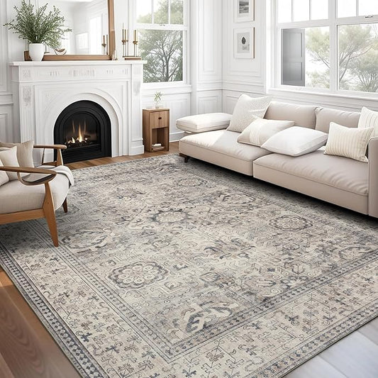 ReaLife Rugs Machine Washable Area Rug - Living Room Bedroom Bathroom Kitchen Entryway Office - Padded Low Pile Stain Resistant Premium - Boho Farmhouse Vintage - Paz - Beige Gray Ivory 5' x 7'