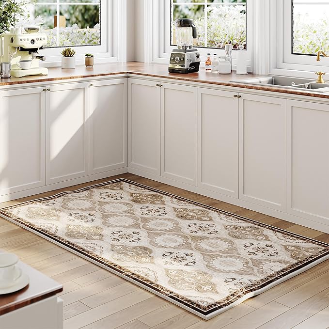 EnHomee Area Rugs 3x5, Soft Washable Rugs for Living Room Bedroom, Boho Non Slip Low Pile Stain Resistant Washable Rug Large Carpet for Dining Room,Easy to Clean Living Room Rug, Khaki