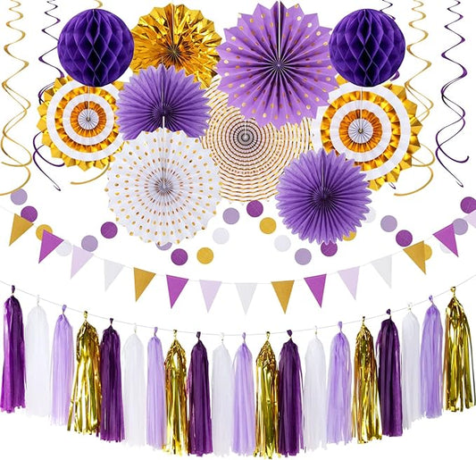 Purple-Gold Graduation Party-Decoration - 33pcs Kits Banner, Streamers Tassel Garland,Tissue Pom Poms Honeycomb, Paper Lantern Fans,Wedding Girl Birthday Baby Bridal Shower Decor Hugtmr
