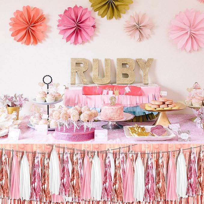 6P Pink White Peach Rose Gold Tassels Foil Fringe Metallic Garland Banner, Tassels Banner Streamers for Parade Floats, Bachelorette, Wedding, Birthday, Christmas, Bridal/Baby Shower Party Decorations