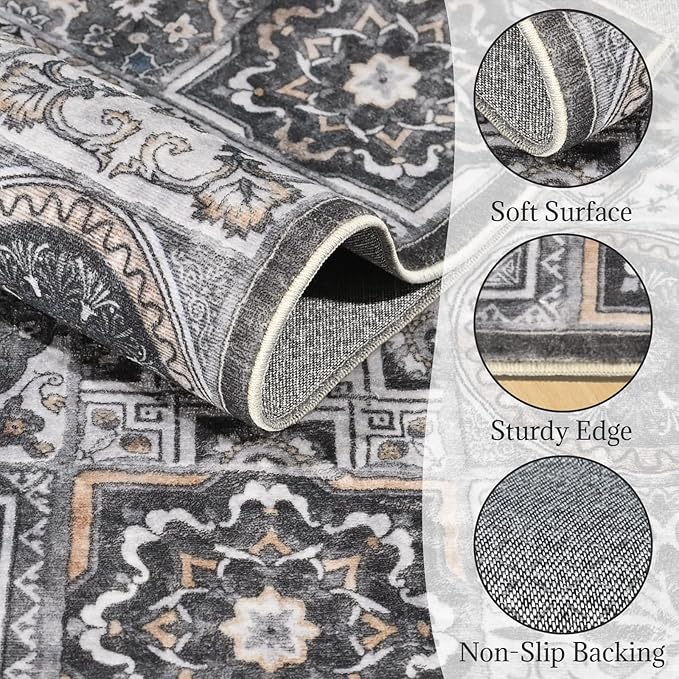 Washable Entryway Rug 3'x5 Non-Slip Backing Vintage Indoor Rug Low Pile Lightweight Carpet for High-Traffic Indoor Entrance & Kitchen