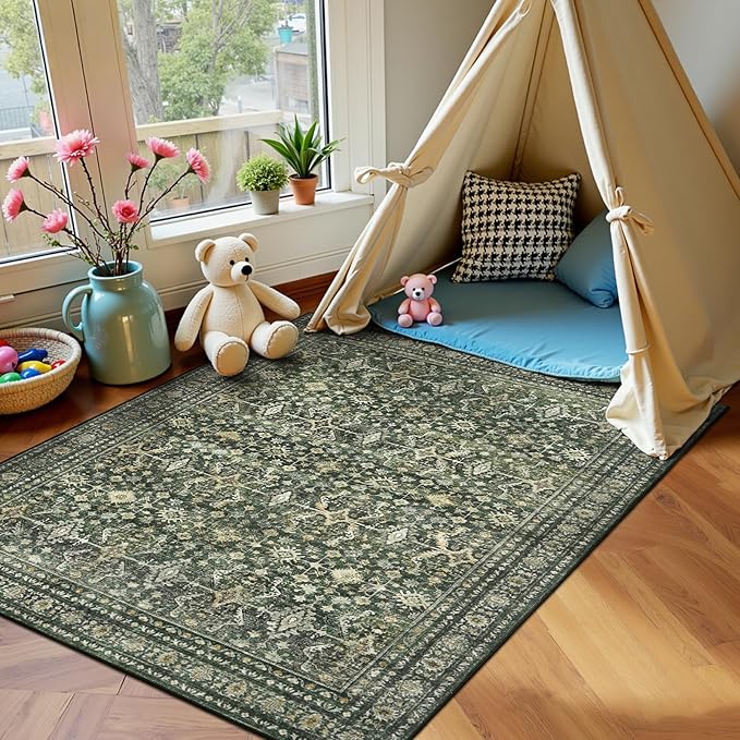 Lofus 4x6 Area Rug for Entryway, Green Non Slip Area Rugs for Kitchen, Washablee Soft Rugs for Bedroom, Living Room, Tool Room Nursery Kids Room Decor