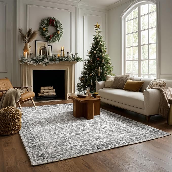 Washable Area Rugs 5'x7' Non-Slip Vintage Boho Distressed Fade Resistant Low Pile Carpet for High-Traffic Living Room, Bedroom & Dining Room