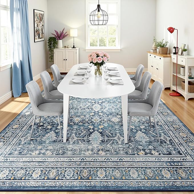 Lofus 8x10 Area Rug for Living Room,Blue Washable Area Rugs with Non-Slip Backing,Soft Boho Carpets for Bedroom Dining Room Home Office Indoor Nursery