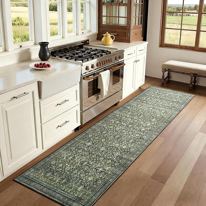 Lofus 2X 8 Runner Rug for Hallways,Green Washable Runner Rugs with Non Slip Rubber Backing, Low Pile Soft Carpet Runner for Kitchen Bathroom Bedroom Laundry