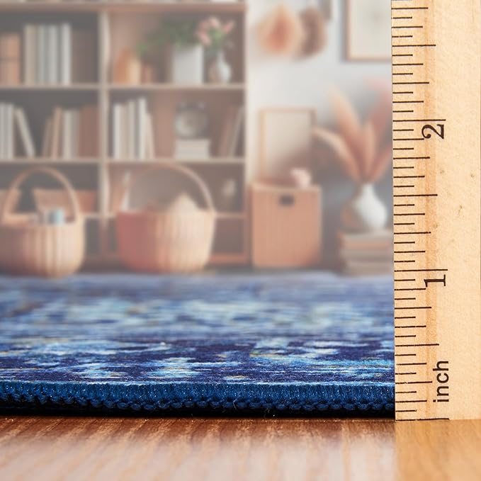ReaLife Rugs Machine Washable Area Rug - Living Room Bedroom Bathroom Kitchen Entryway Office - Padded Low Pile Stain Resistant Premium - Boho Vintage Traditional - Lyle - Blue 5' x 7'