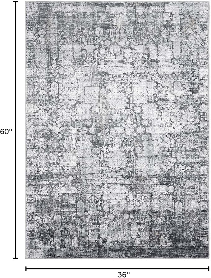 Area Rug 3×5, Vintage Boho Rug,Ultra-Soft Low Pile, Washable, Non Slip,Stain Resistant Printed Carpet for Living Room Bedrooms Playroom Office Kitchen, Dark Stone