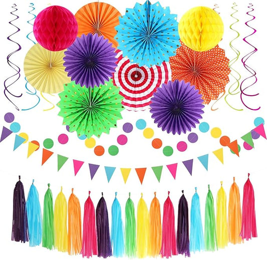 Rainbow Birthday Party-Decorations - 33pcs Colorful Banner,Mexican Theme Streamers Tassel Garland,Tissue Pom Poms Honeycomb,Paper Lantern Fans,Baby Shower Classroom Decor Supplies Hugtmr