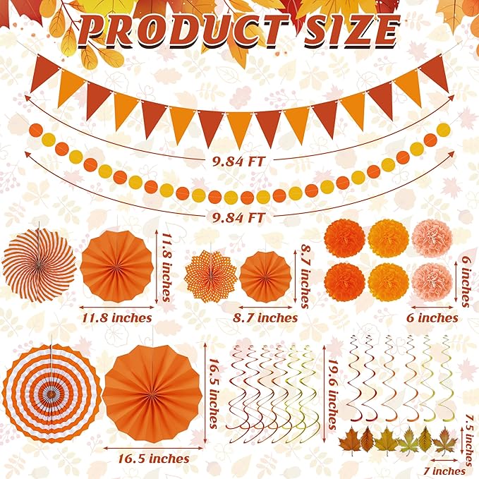 27PCS Thanksgiving Decorations, Happy Thanksgiving Banner, Orange Yellow Harvest Pompom Garland Paper Fan Hanging Swirls for Fall Harvest Party Decorations Decor Accessories Indoor Outdoor Supplies