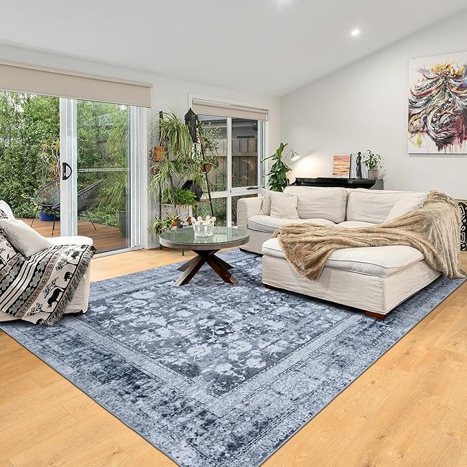 Area Rug 6×9, Large Vintage Boho Rug,Ultra-Soft Low Pile, Washable, Non Slip,Stain Resistant, Printed Carpet for Living Room Bedrooms Playroom Office Kitchen, Solid/Blue