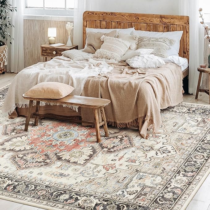 Area Rug for Living Room - 5x7 Soft Machine Washable Oriental Vintage Floral Distressed Large Indoor Floor Carpet for Bedroom Under Dining Table Home Office Decor - Multi Cream
