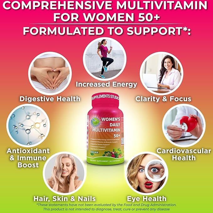 Women's Daily Multivitamin 50 Plus - Vegan Methylated Multivitamin for Women 50 and Over with Biotin, Organic Superfoods & Lutein - Eye, Energy, Gut & Optimal Health Support - Easy to Swallow Capsules