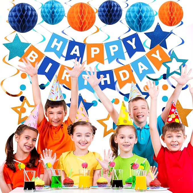 meowtastic Birthday Decorations, Happy Birthday Banner with Honeycomb Balls, Star Hanging Swirl Streamers, Circle Dots Garland, Happy Birthday Party Decorations for Women Girls (Blue & Orange)