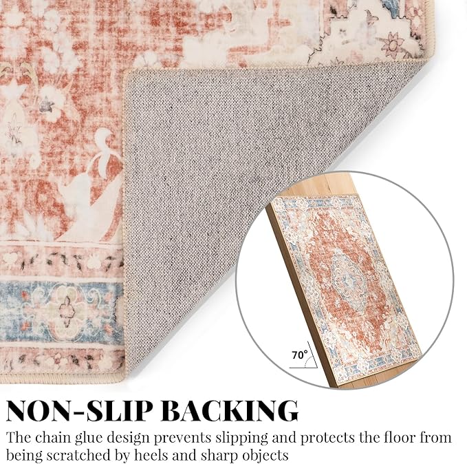 MUJOO Boho Round Rug 4ft,Circle Washable Area Rugs for Bedroom Living Room Bathroom,Vintage Small Distressed Non Slip Circular Carpet,Orange Navy Blue Floral