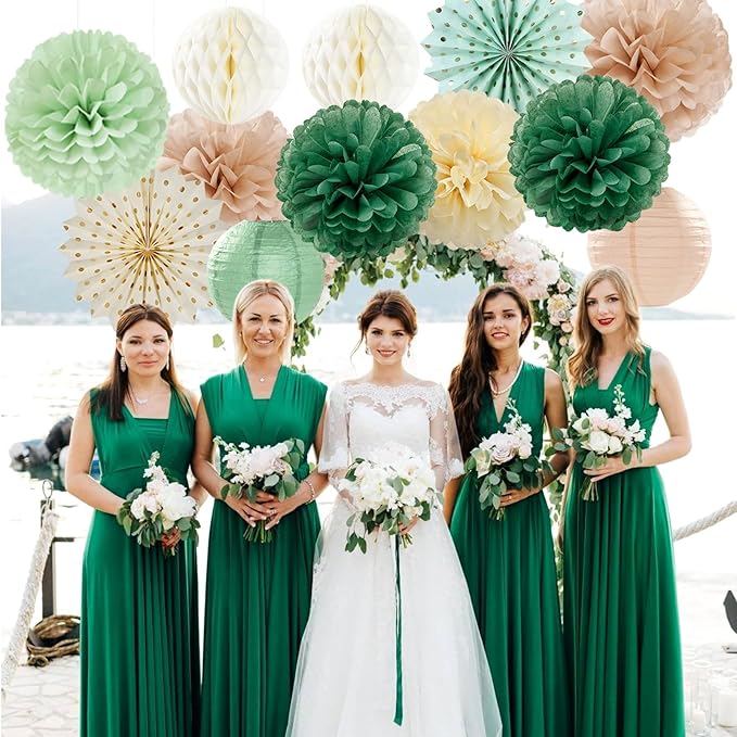 Olive-Sage Green Champagne-Gold Party-Decorations Lanterns - 14pcs Rustic Wedding Paper Fan Streamers,Tissue Pom Poms Honeycomb,Boho Bachelorette Neutral Baby Shower Birthday Bridal Decor Ouruola