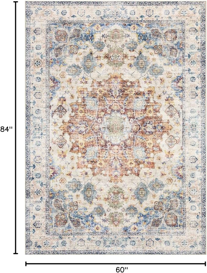 Area Rug 5×7, Vintage Boho Rug,Ultra-Soft Low Pile, Washable, Non Slip,Stain Resistant Printed Carpet for Living Room Bedrooms Playroom Office Kitchen, Blue/Red