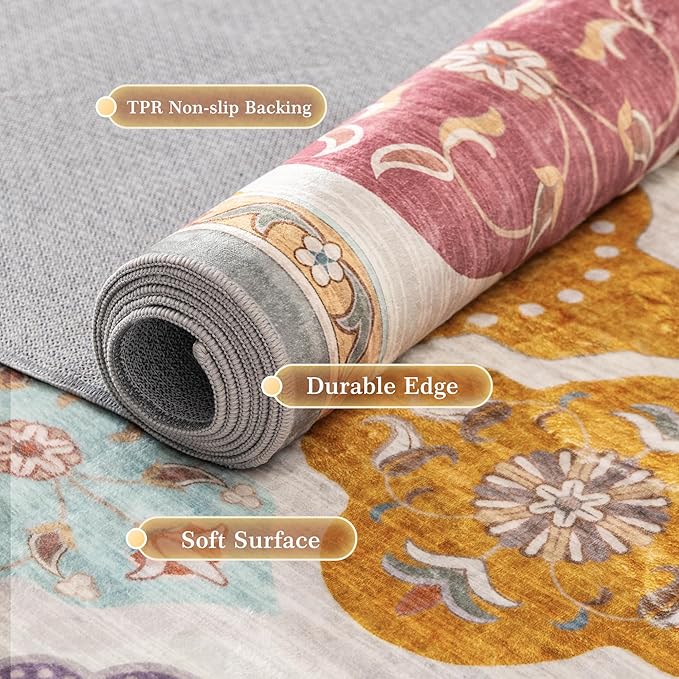 EnHomee Washable Area Rugs 4x6, Soft Area Rug for Living Room Bedroom, Boho Non Slip Low Pile Stain Resistant Washable Rug Large Carpet for Dining Room,Easy to Clean Living Room Rug, Colorful