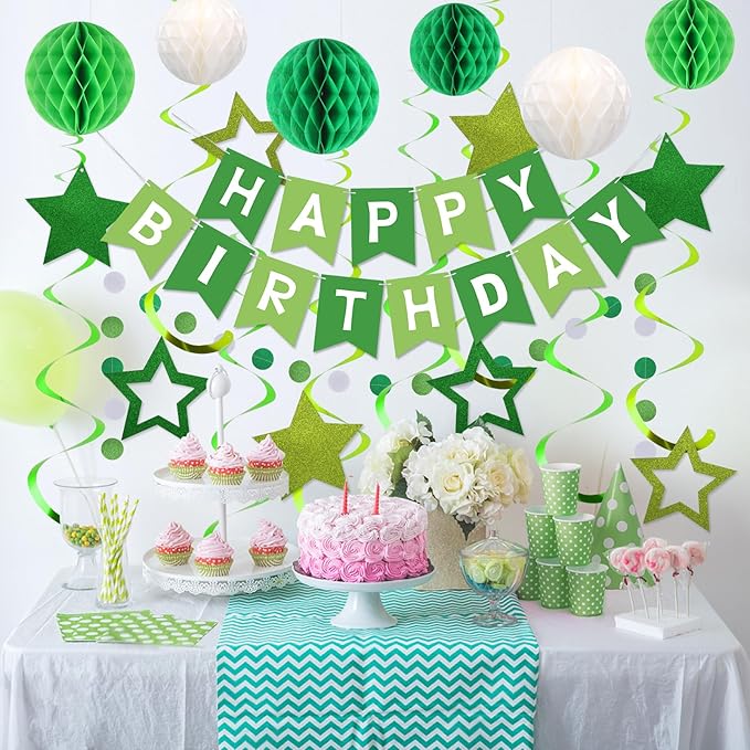 meowtastic Birthday Decorations, Happy Birthday Banner with Honeycomb Balls, Stars Hanging Swirls Streamers, Circle Dots Garland, Happy Birthday Party Decorations for Women Men Boys Girls (Green)