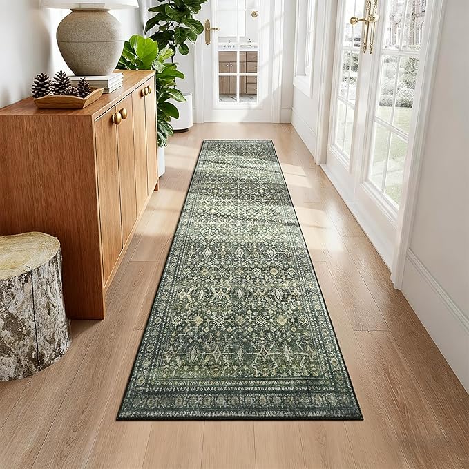 Lofus 2X 6 Runner Rug for Hallways,Green Washable Runner Rugs with Non Slip Rubber Backing, Low Pile Soft Carpet Runner for Kitchen Bathroom Bedroom Laundry