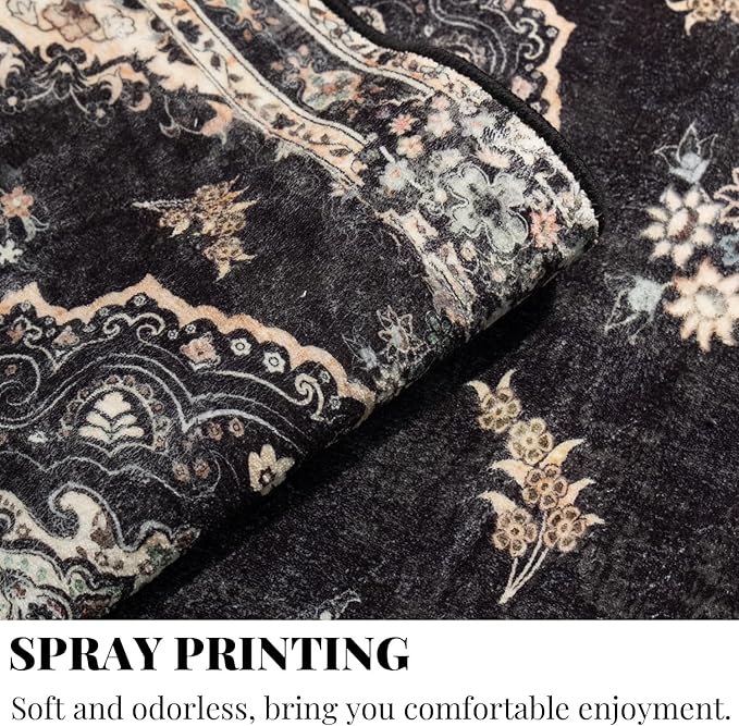 MUJOO Black Rug 8'x10' Area Rugs for Living Room Bedroom Dining Room,Large Washable Boho Bohemian Vintage Distressed Farmhouse Non Slip Carpet, Floral Flowers