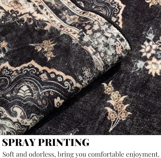 MUJOO 9’x12’ Area Rug Large Rugs for Living Room Bedroom Dining Room,Boho Washable Non Slip Bohemian Vintage Distressed Farmhouse Non Slip Big Carpet,Black Floral Flowers