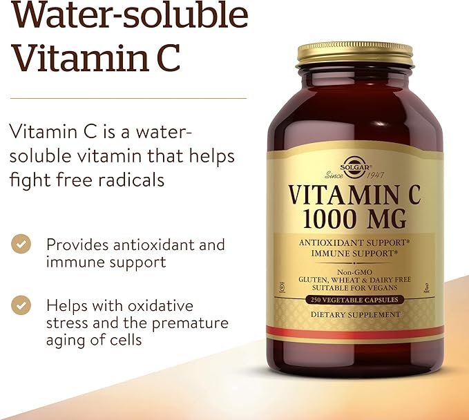 Solgar Vitamin C 1000 mg, 250 Vegetable Capsules - Antioxidant & Immune Support - Overall Health - Healthy Skin & Joints - Bioflavonoids Supplement - Non GMO, Vegan, Gluten No, Kosher - 250 Servings