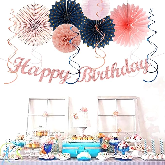Pink Rose-Gold Navy-Blue Birthday Party-decorations - 21pcs Women Girl Happy Banner Garland, Paper Streamers Lanterns,Flower Tissue Pom Poms Fan Supplies, Princess Wall Backdrop Decor Huglony