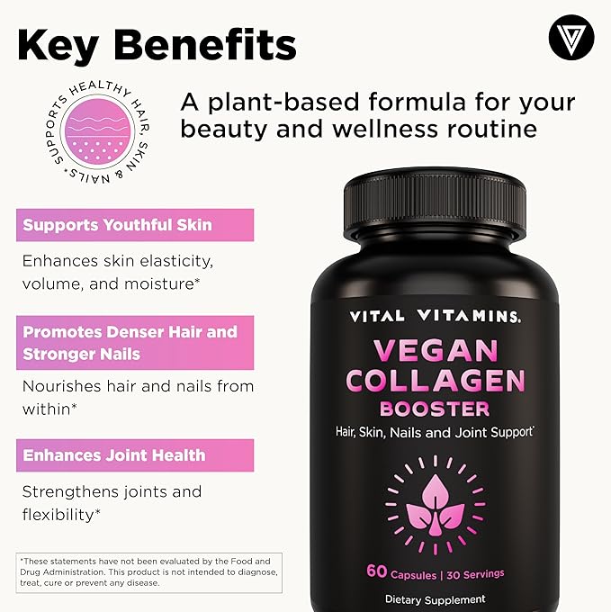 Vital Vitamins Vegan Collagen Booster - with Silica and Hyaluronic Acid - Plant-Based Collagen Supplements - Supports Hair, Skin, Nails & Joints - 60 Capsules