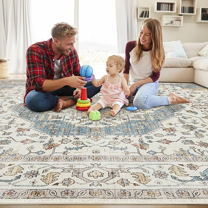 Area Rug for Living Room - 6x9 Soft Washable Oriental Vintage Floral Distressed Large Carpet - Fade Stain Resistant Non Slip Rugs for Bedroom Dining Room Nursery Dorm Office Home Decor - Blue/Beige