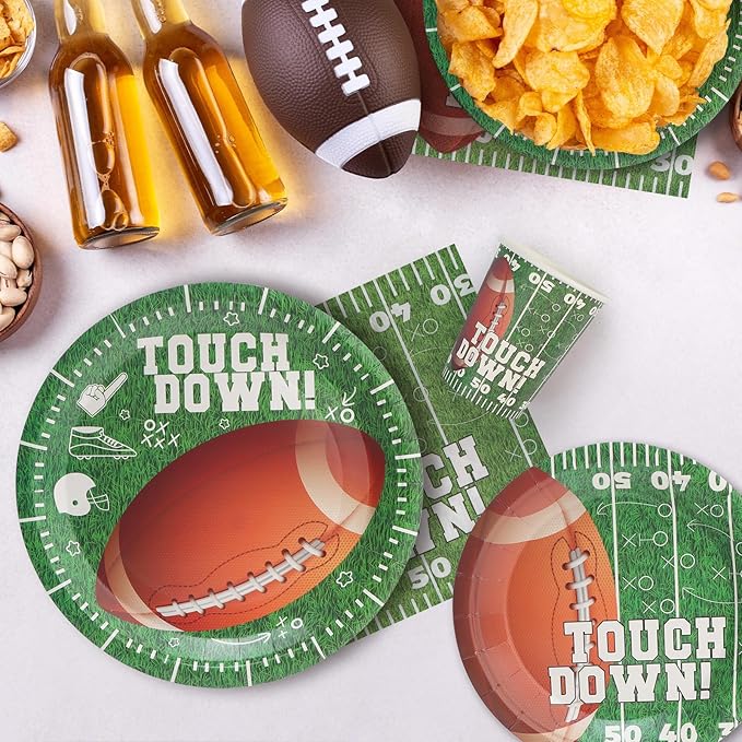 96pcs Football Paper Plates and Napkins Cups Rugby Field Theme Disposable Tableware Set for 24 Guest Kids Picnic Party Celebratory Banquet Table Supplies Decorations