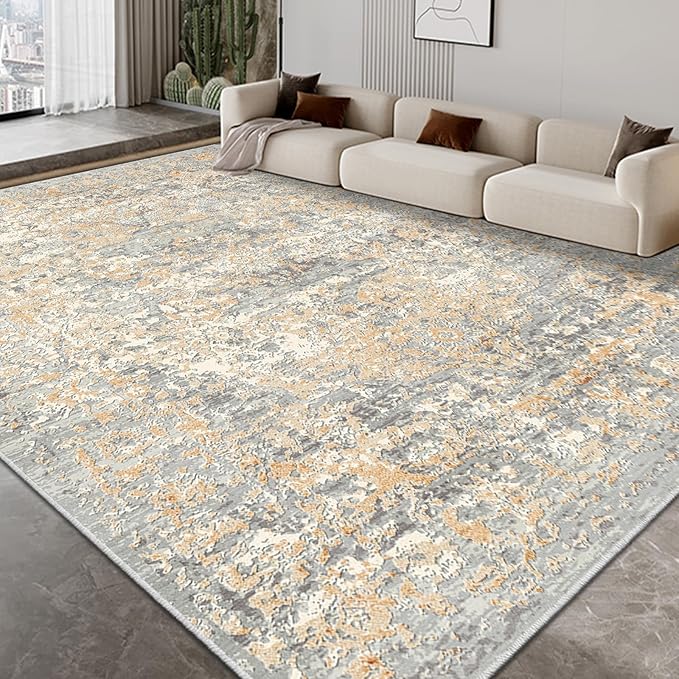 Area Rug 8x10 Rugs for Living Room Abstract Washable Rugs Area Rugs Carpet for Bedroom Living Room Indoor Non Slip No Pile, Machine Washable Area Rugs(Grey-Based with Yellow 8x10)