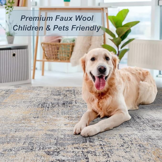 DomDomitapis Area Rug 3×5, Vintage Boho Rug,Ultra-Soft Low Pile, Washable, Non Slip,Stain Resistant Printed Carpet for Living Room Bedrooms Playroom Office Kitchen, Gold/Grey