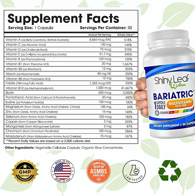 Shiny Leaf Bariatric Multivitamin Without Iron - Vitamins for Gastric Bypass & Sleeve, 1 Daily Capsule W Vitamin A, C, D, Biotin, Zinc, B12, K, Vegetarian, Soy-Free, GMP Cert., Made in USA (360 Ct.)