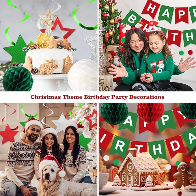 meowtastic Birthday Decorations, Happy Birthday Banner with Honeycomb Balls, Stars Hanging Swirl Streamers, Circle Dots Garland, Happy Birthday Party Decorations for Women Men Boys Girls (Red & Green)