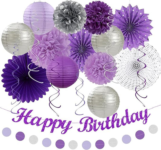 Purple Lilac-Lavender Silver Women Birthday Party-Decorations - 21pc Happy Banner,Paper Lanterns Streamers,Tissue Pom Poms Honeycomb Flower Fan, Girls Hanging Decor Supplies Garland Backdrop Huglony