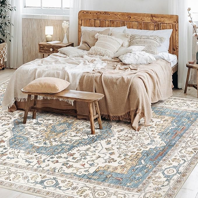 Area Rug for Living Room - 7x9 Soft Washable Oriental Vintage Floral Distressed Large Carpet - Fade Stain Resistant Non Slip Rugs for Bedroom Dining Room Nursery Dorm Office Home Decor - Blue/Beige