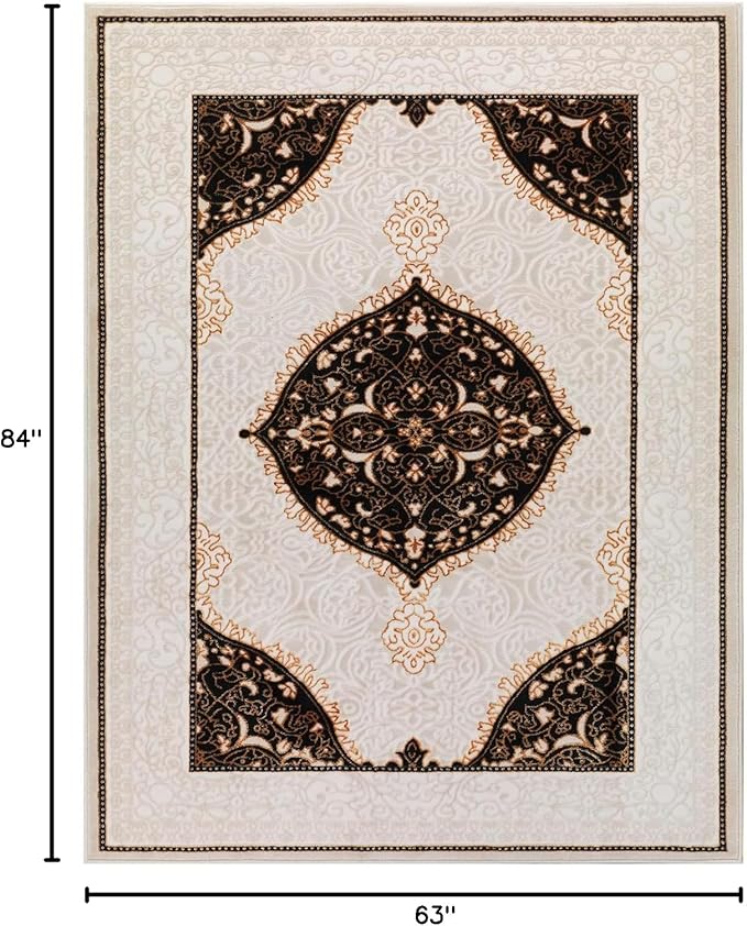 Antep Rugs Babil Gold 5x7 Oriental Bordered High Low Textured Traditional Indoor Area Rug, Beige Black, 5'3" x 7'