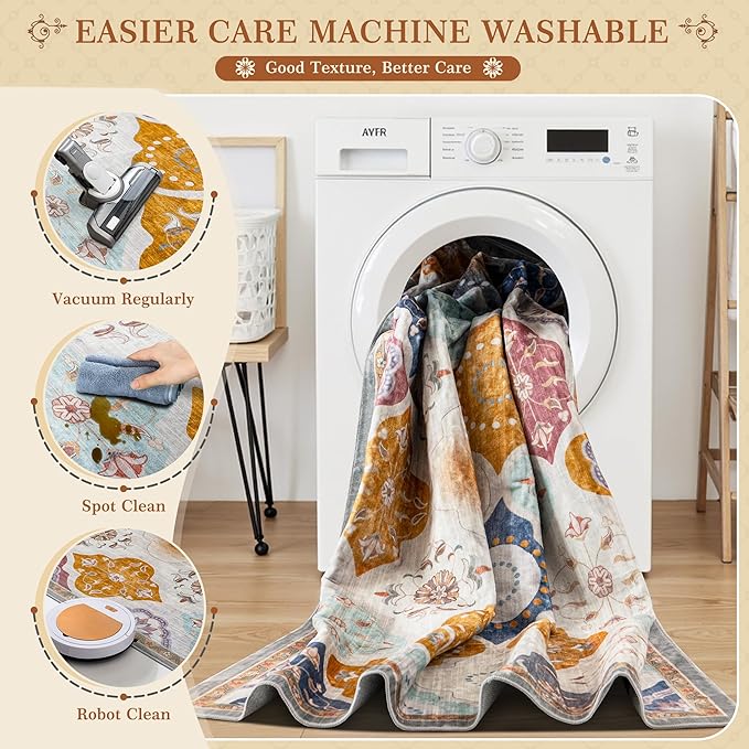 EnHomee Washable Area Rugs 4x6, Soft Area Rug for Living Room Bedroom, Boho Non Slip Low Pile Stain Resistant Washable Rug Large Carpet for Dining Room,Easy to Clean Living Room Rug, Colorful