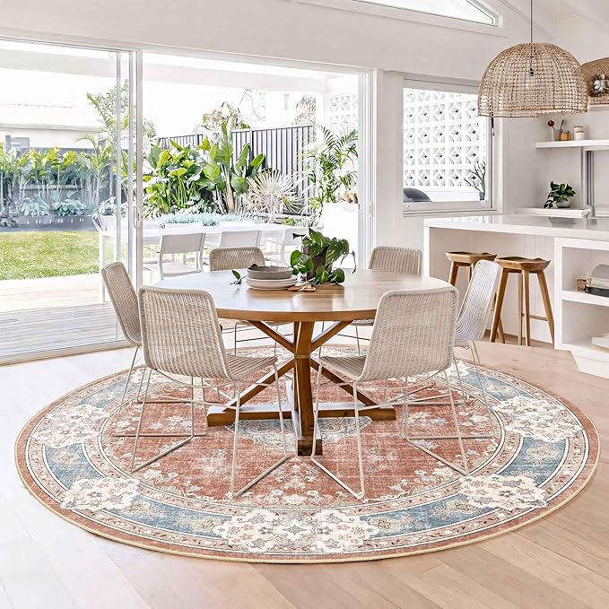 MUJOO Boho Round Rug 6ft,Circle Washable Area Rugs for Bedroom Living Room Bathroom, Large Vintage Distressed Non Slip Circular Carpet,Orange Navy Blue Floral