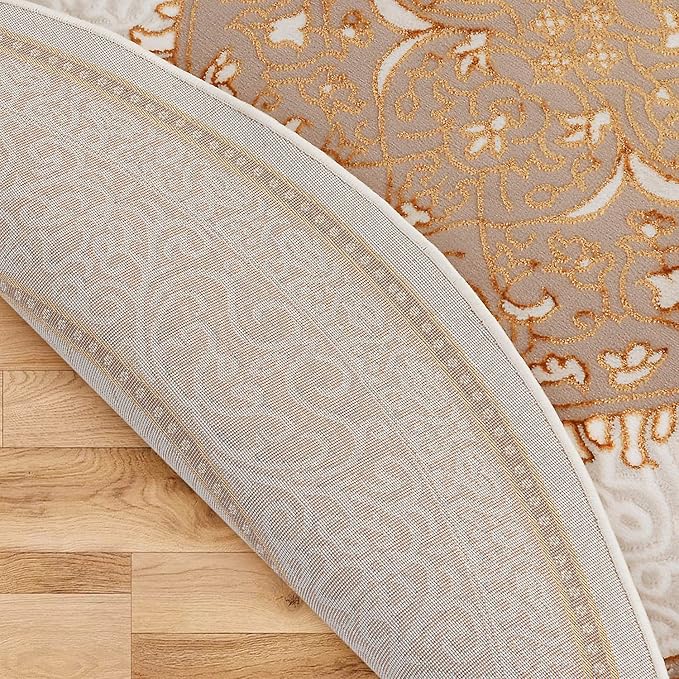 Antep Rugs Babil Gold 5x5 Oriental Bordered High Low Textured Traditional Indoor Area Rug, Beige Gold, 5'3" Round