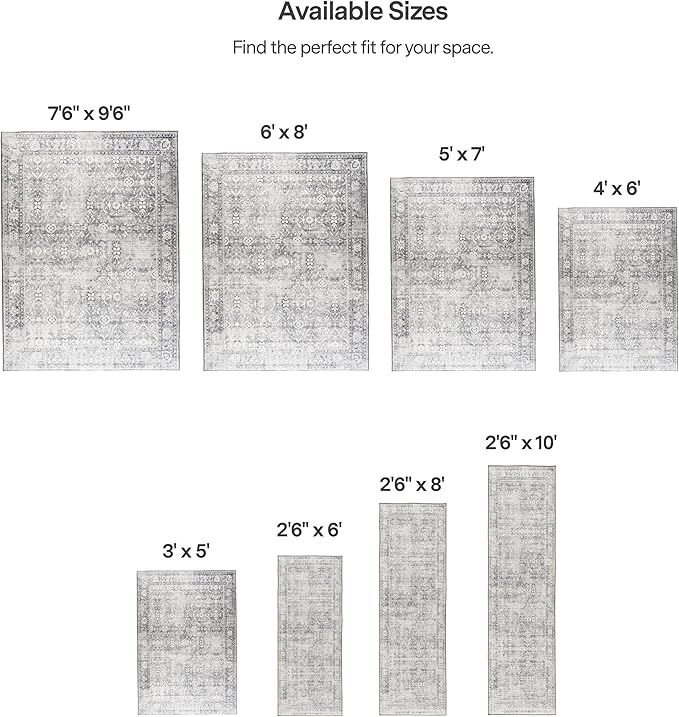 ReaLife Rugs Machine Washable Area Rug - Living Room Bedroom Bathroom Kitchen Entryway Office - Padded Low Pile Stain Resistant Premium - Boho Farmhouse Vintage - Noor - Silver Ivory 7'6" x 9'6"