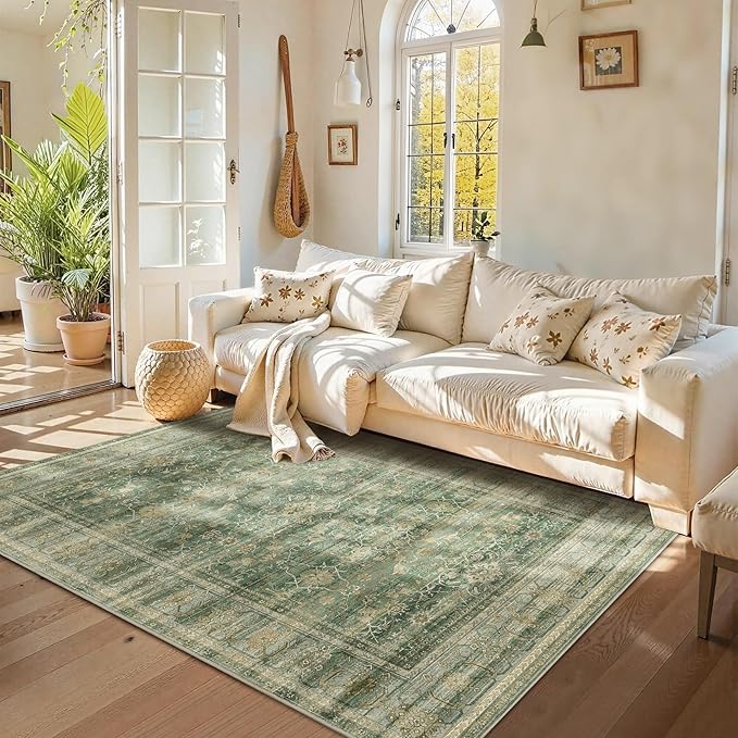 HelloTree Washable Rugs 5x7 Area Rug for Living Room, Vintage Boho Rug Non Slip Carpet Retro Accent Indoor Mat Print Distressed Low Pile Throw Large Rug for Office Bedside-Green