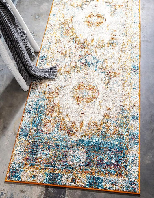Unique Loom Rosso Collection Traditional, Vintage, Medallion, Border, Distressed, Southwestern Area Rug, 2 ft x 6 ft, Ivory/Blue